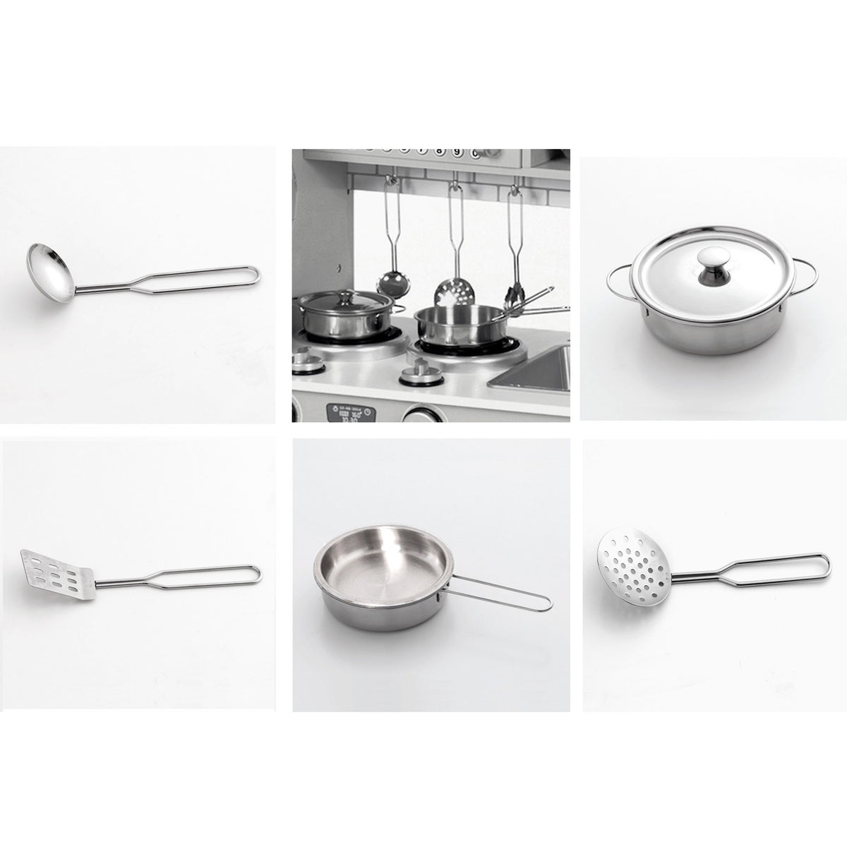 Included play kitchen accessories including stainless steel pots, pans, lids, ladle, and spatulas.