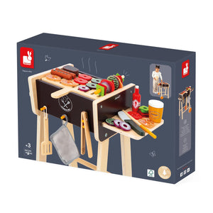 Janod barbecue set for kids neatly packed in a pretty closed box for storage.