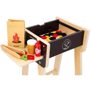 Janod mobile barbecue toy, cooking with utensils