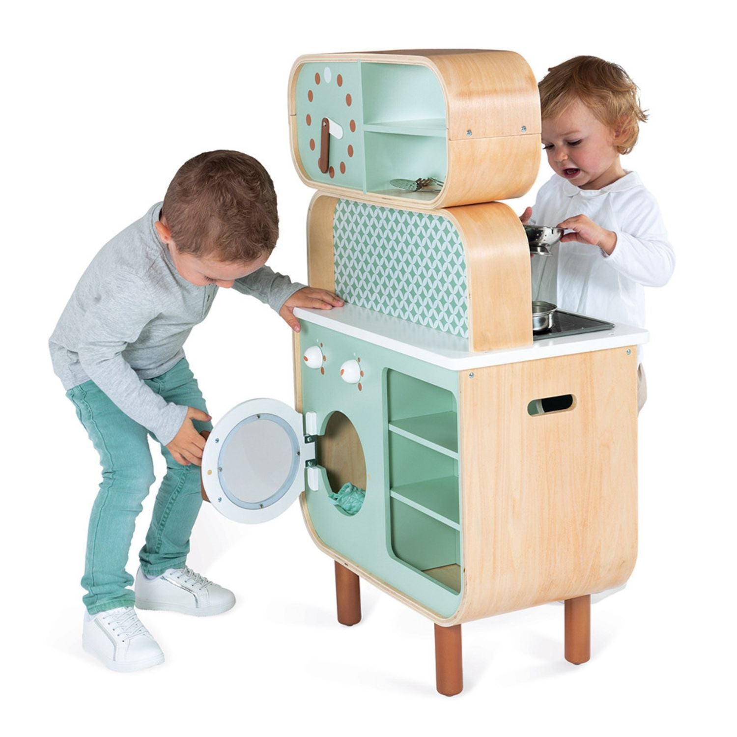 Children’s reversible kitchen and laundry playset by Janod in modern green and white colors.