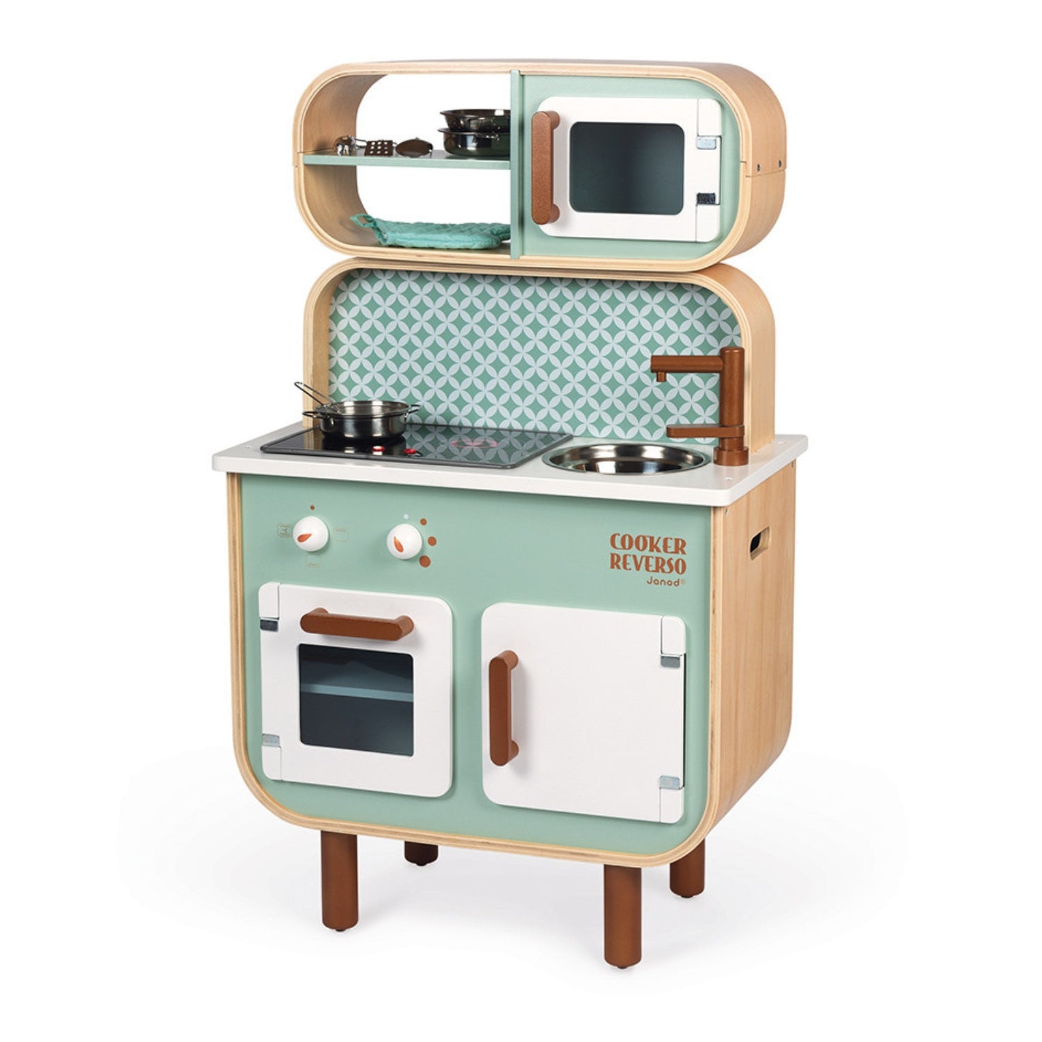 Janod Children's wooden play kitchen with green and brown design on a white background