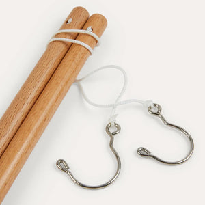 Janod 2 solid oak wood fishing poles with metal hooks.