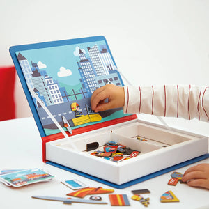 Child exploring the world of firefighting with magneti book