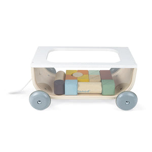  A wooden pull-along cart filled with colorful wooden blocks for toddlers.