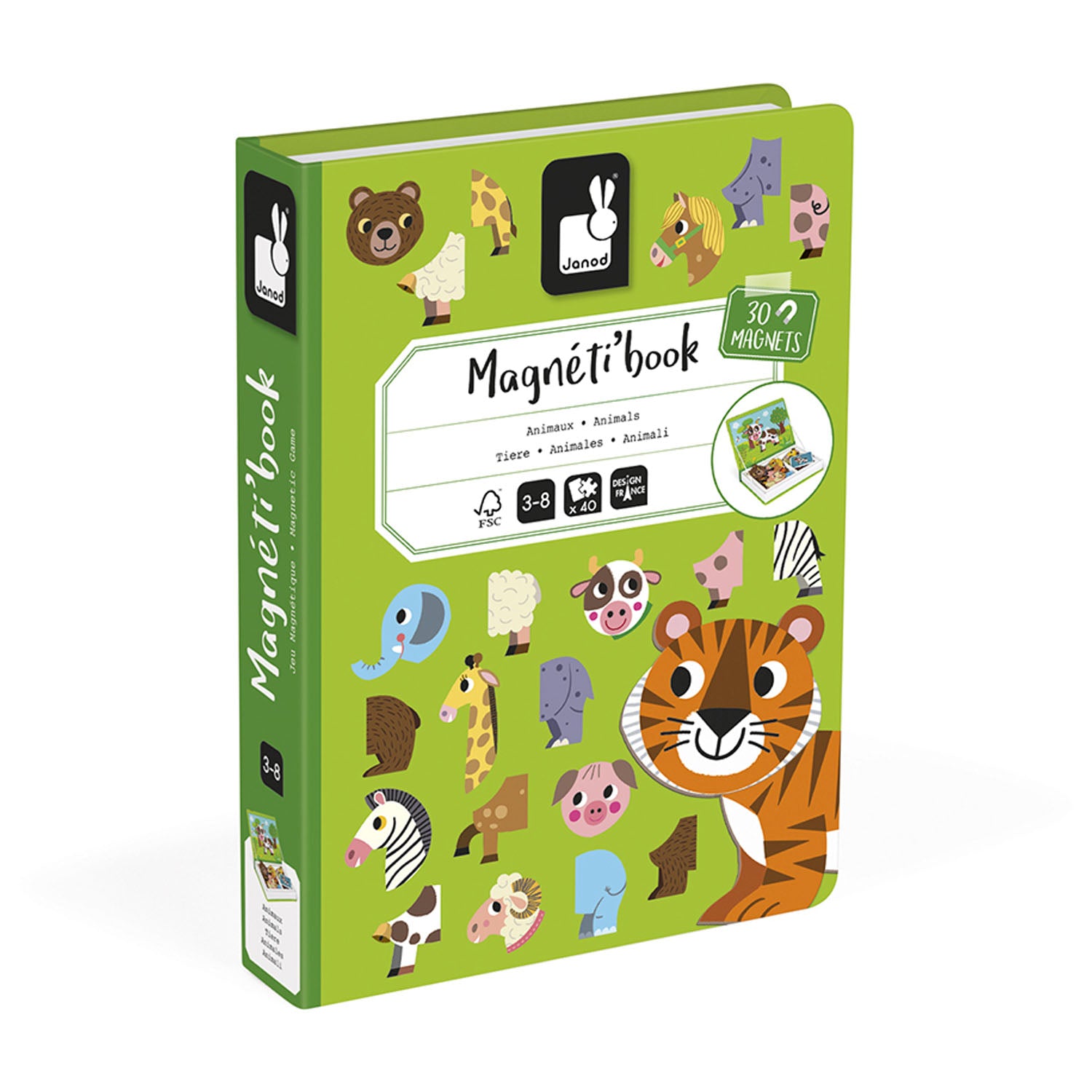 A green book-shaped box packaging for Janod Animals Magneti' Book with illustrations of various animals on it, indicating that it contains 30 magnets for recomposing animal portraits.