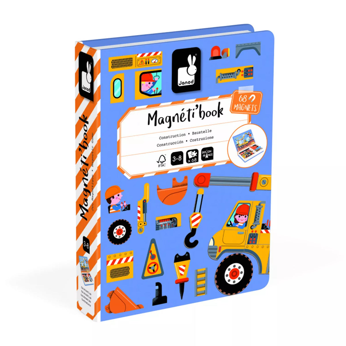 Janod Magnetibook Construction compact book-shaped storage case with bright vehicle-themed cover