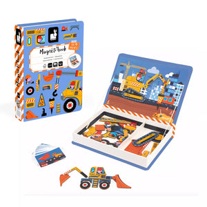  Janod Magnetibook Construction – book-style case open with magnetic pieces, guide cards and play examples displayed