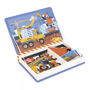 Janod Magnetibook Construction case open showing storage compartments and colourful magnetic vehicle pieces