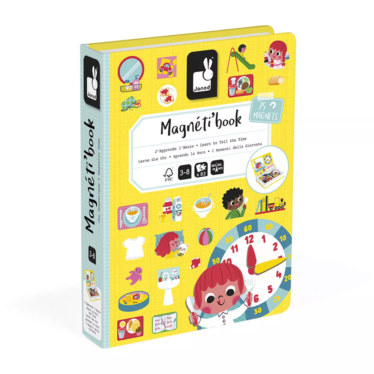 Janod Magnetibook Learn To Tell The Time compact yellow book-shaped storage case front cover