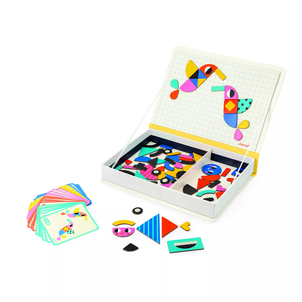 Janod Magnetibook Learn To Tell The Time storage tray showing all magnetic pieces and scene cards neatly arranged