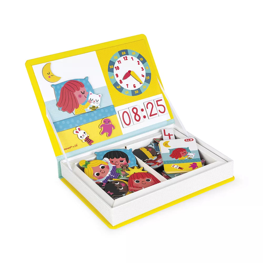 Janod Magnetibook Learn To Tell The Time book case open showing clock activity layout and magnetic pieces inside