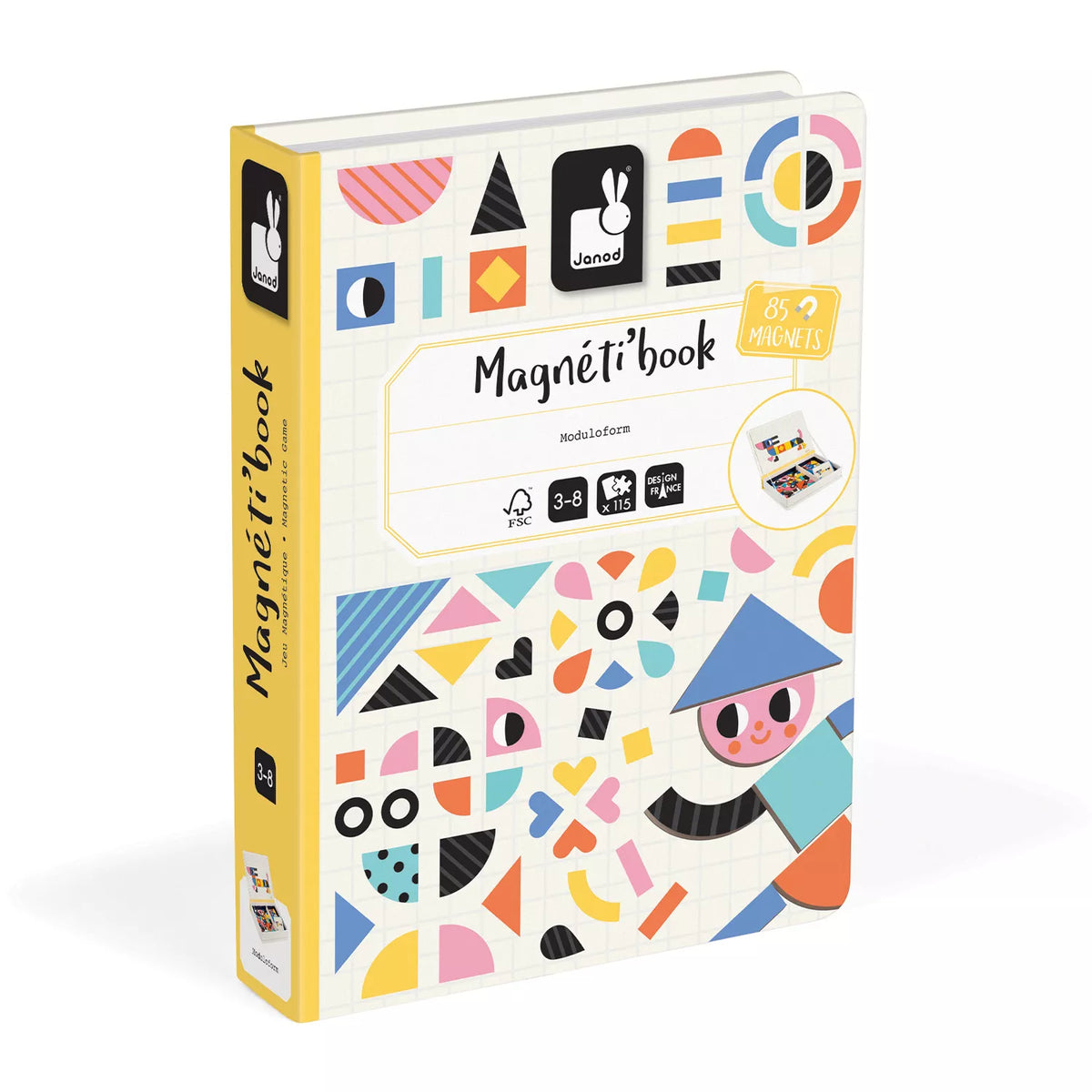 Janod Magnetibook Moduloform model cards and open play book with loose geometric magnetic pieces displayed