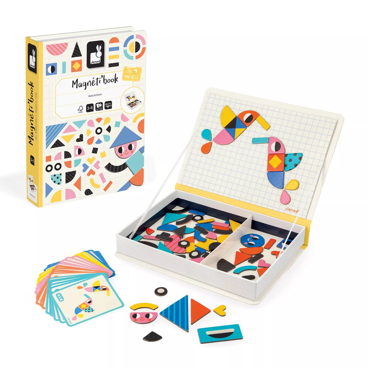 Janod Magnetibook Moduloform compact book-shaped case with colourful geometric pattern cover