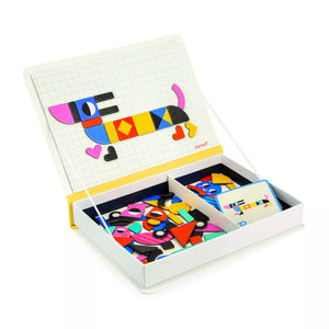 Janod Magnetibook Moduloform book-style case open showing neatly stored colourful geometric magnetic pieces