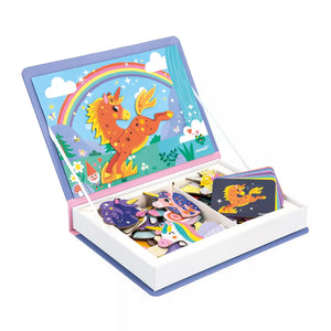 Janod Magnetibook Unicorn book-style case open showing storage tray and magnetic pieces inside