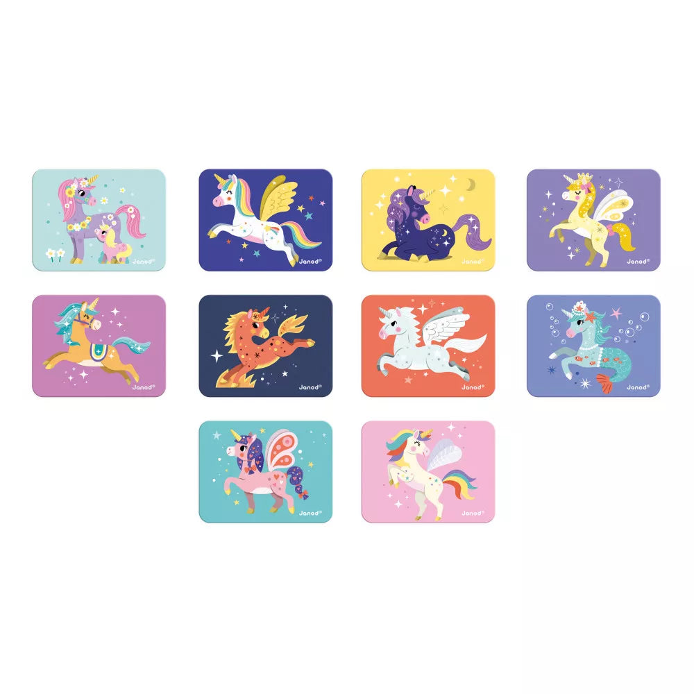 Janod Magnetibook Unicorn 10 beautifully designed scene guide cards laid flat
