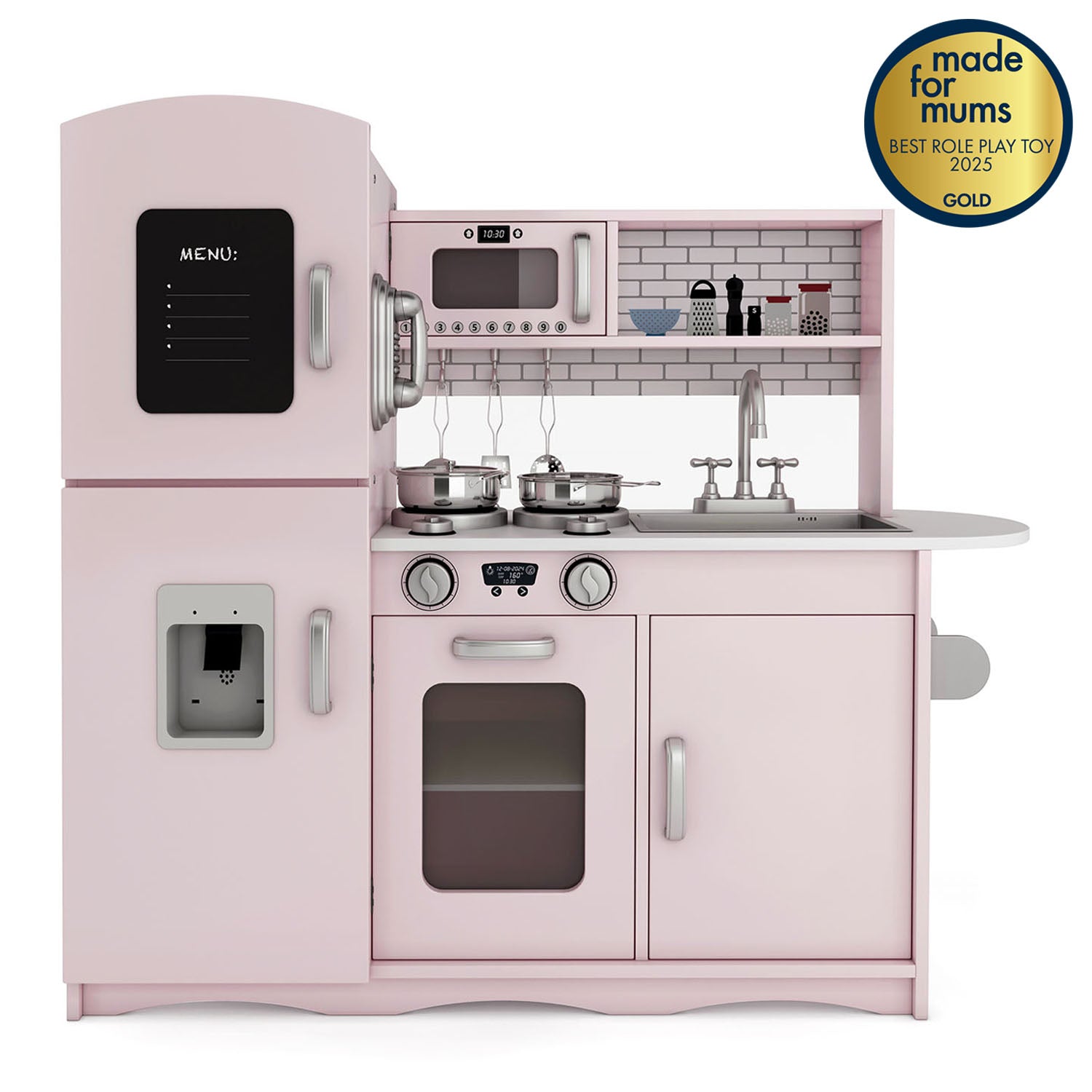 Pink toy kitchen set with various appliances and a 'made for mums' award badge on a white background.