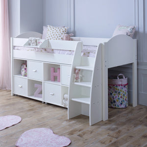 Kids Avenue Eli F Mid Sleeper Bed with storage cubes.