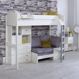 Multifunctional children's bed with elevated sleeping area and organization options.