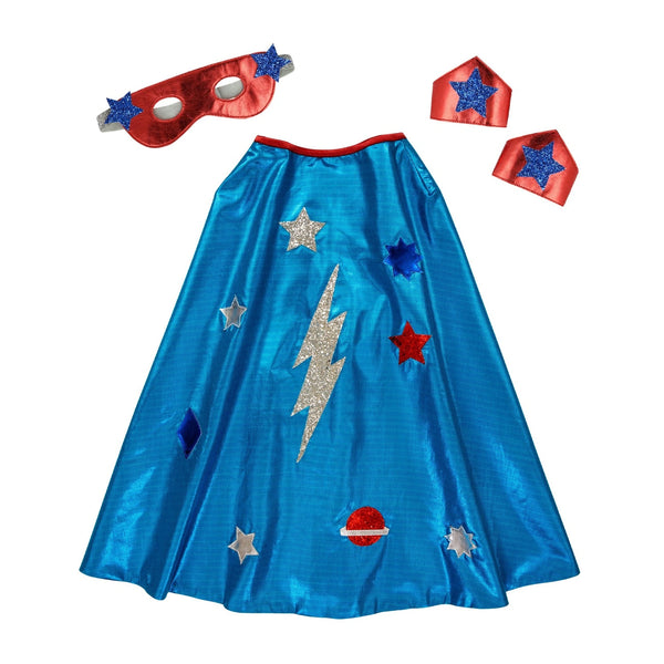 Blue superhero costume set: cape, mask, and cuffs
