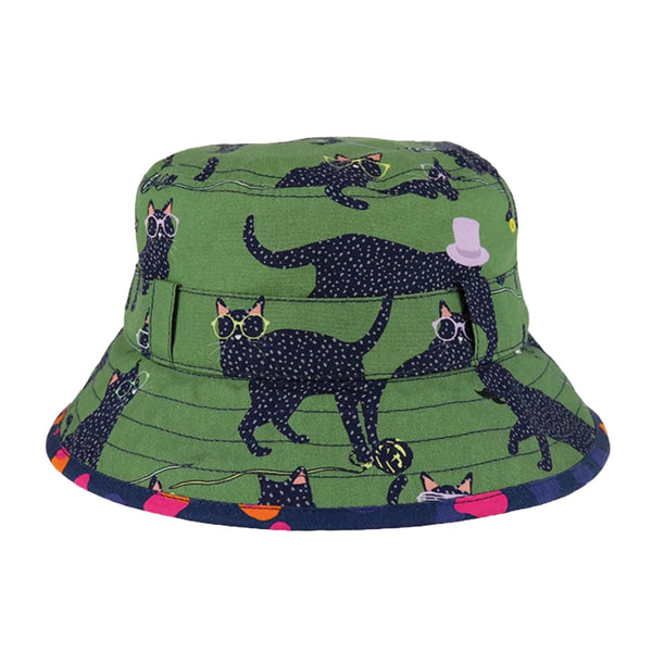 kids bucket hat green cat print, kids sun hat UPF 50+, kids bucket hat with chin strap