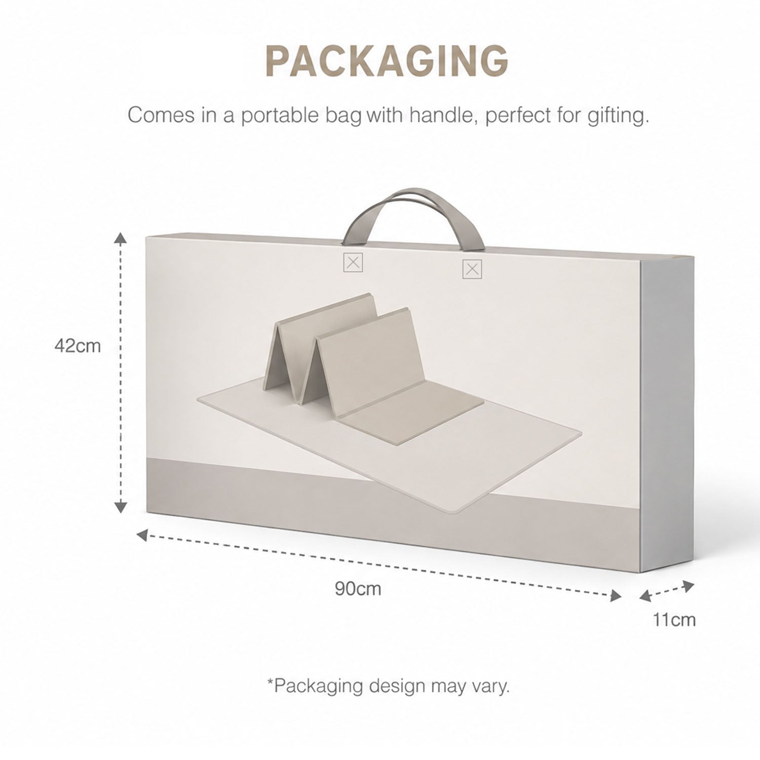 Packaging diagram showing a rectangular portable bag with handle, labeled 90cm wide, 42cm tall, and 11cm deep, with text noting it comes in a portable bag perfect for gifting.