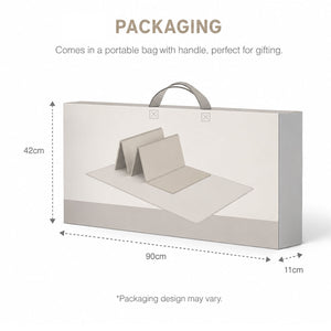 Packaging diagram showing a rectangular portable bag with handle, labeled 90cm wide, 42cm tall, and 11cm deep, with text noting it comes in a portable bag perfect for gifting.