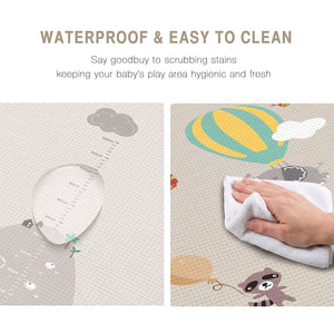 Split graphic demonstrating the play mat's waterproof surface repelling liquid and being easily wiped clean of daily messes with a damp cloth.