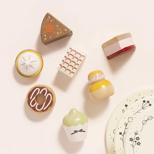 Eco-friendly 3 tier wooden cake stand for pretend play.
