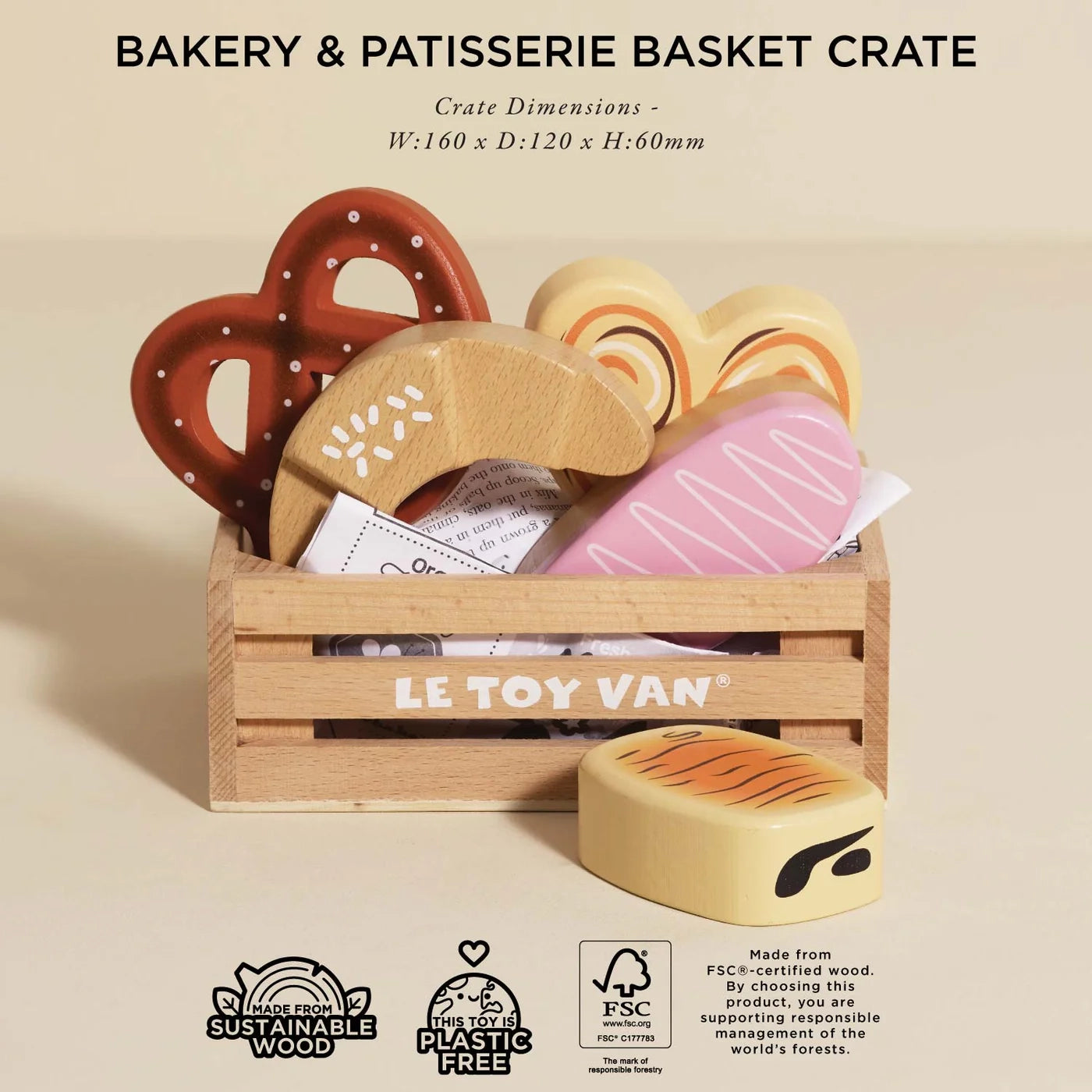 Dimension of le toy van bakery and patisserie wooden market crate.