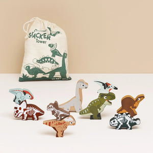 Colorful wooden dinosaur stacking toy set with 9 hand-painted pieces and a cotton drawstring storage bag.