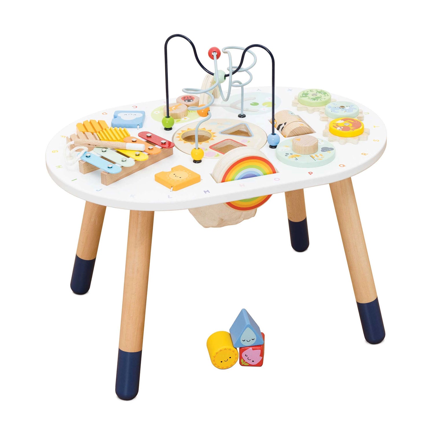 Le toy van sensory wooden activity table with bead maze and shape sorter.
