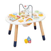 Le toy van sensory wooden activity table with bead maze and shape sorter.