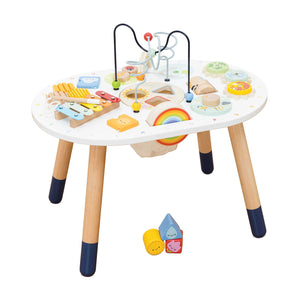 Le toy van sensory wooden activity table with bead maze and shape sorter.