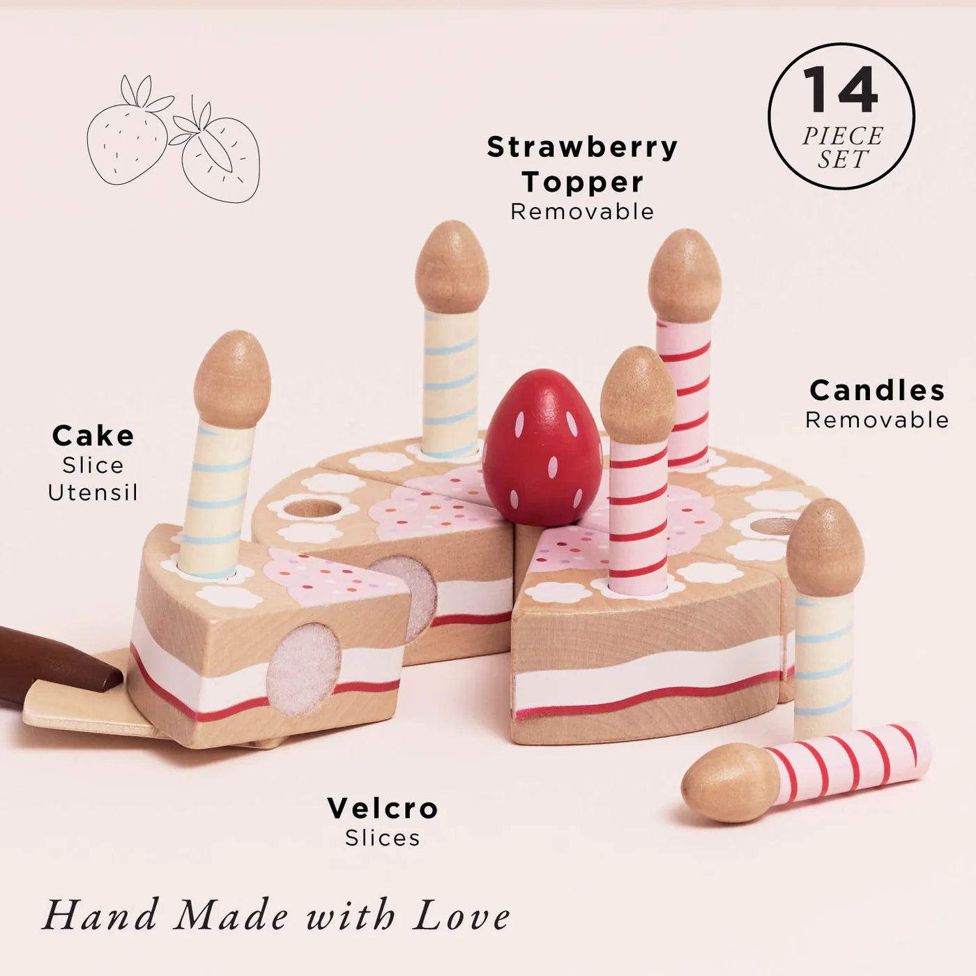 Wooden birthday cake toy with removable slices and strawberry topper.