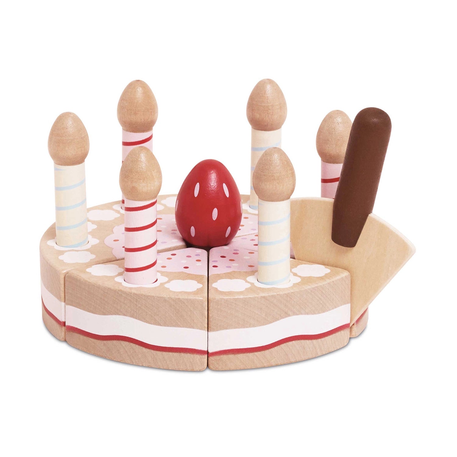 Le Toy Van sliceable wooden birthday cake with candles.
