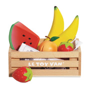 Wooden crate with toy fruits including bananas, watermelon, and strawberries, branded 'Le Toy Van'.