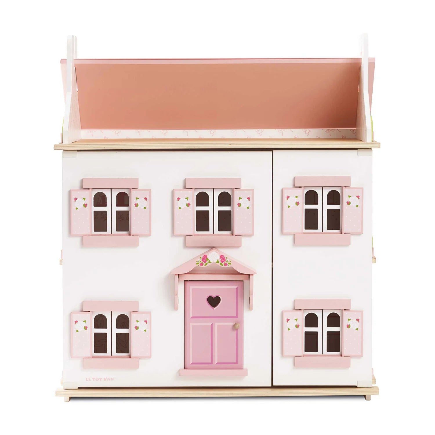 Le toy van 3 storey wooden doll house with scalloped roof.