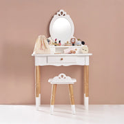 Le Toy Van Vanity Table & Wooden Stool with  2-tiered table, and 3 separate storage drawers 