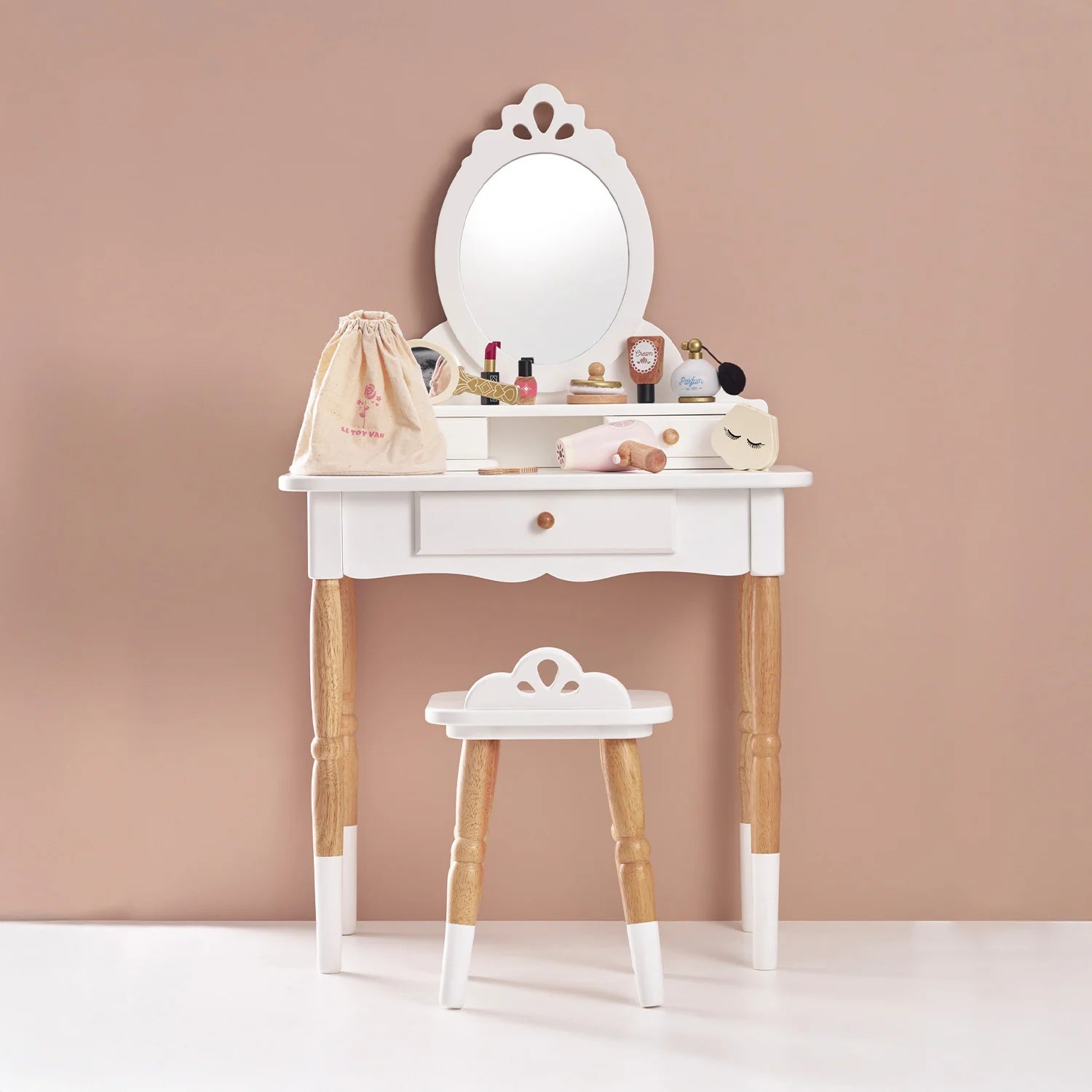 Le Toy Van Vanity Table & Wooden Stool with  2-tiered table, and 3 separate storage drawers 