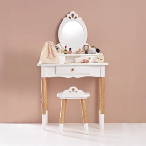 Le Toy Van Vanity Table & Wooden Stool with  2-tiered table, and 3 separate storage drawers 