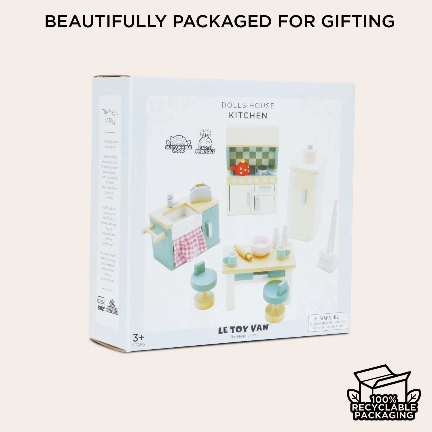 Le toy van kitchen furniture set is beautifully packeged for gifting.