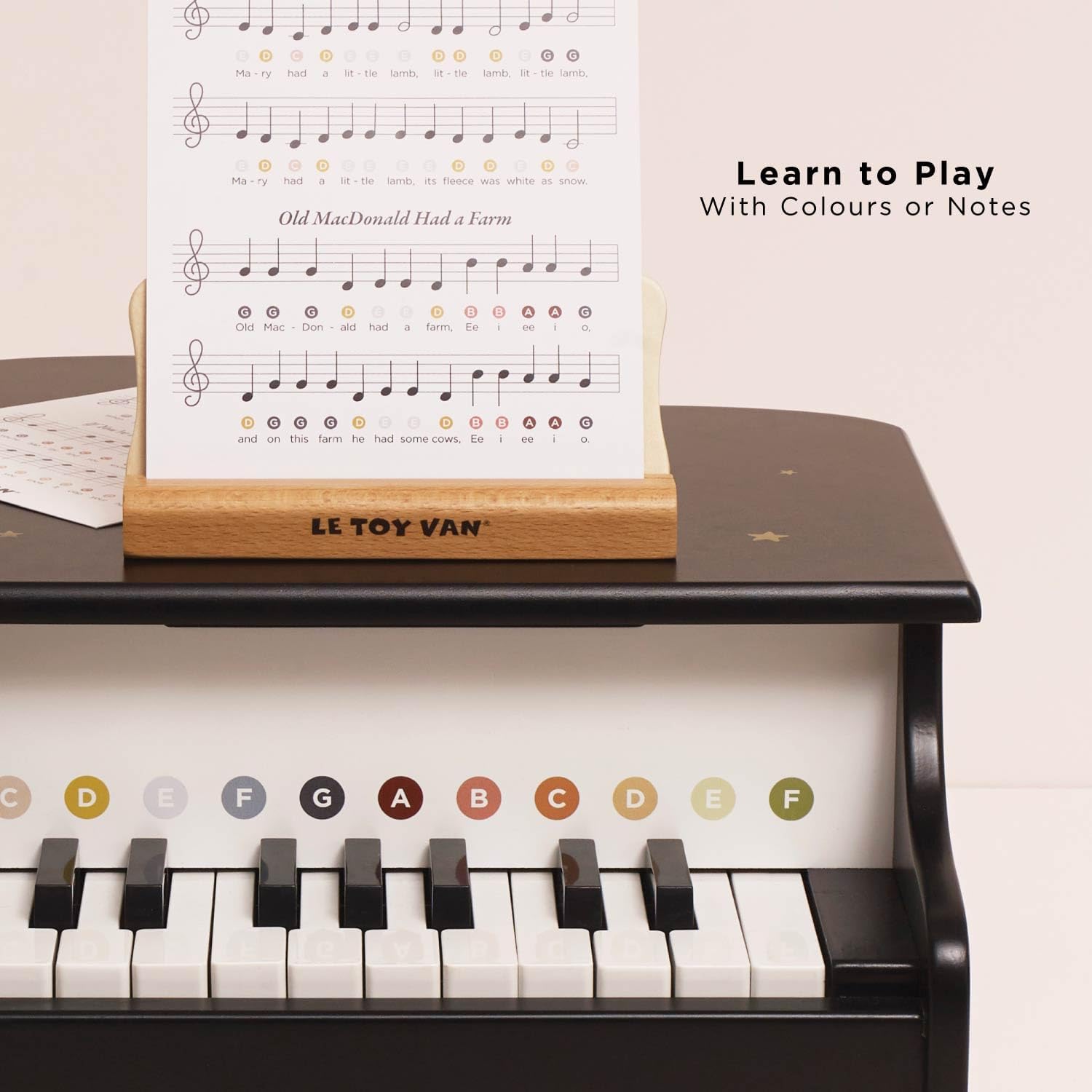 Wooden grand piano with music stand.