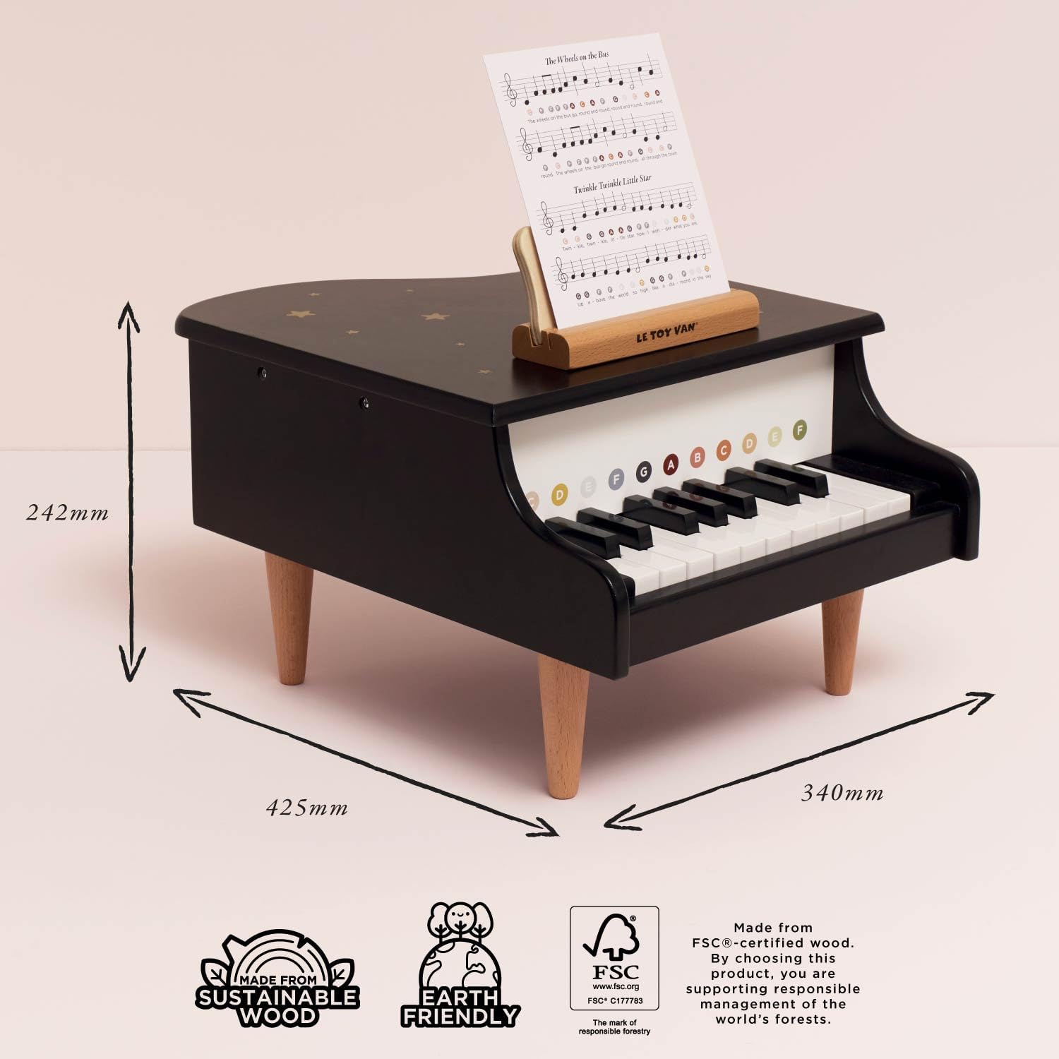 Le Toy Van Wooden Grand Piano Toy - Black with Gold Star