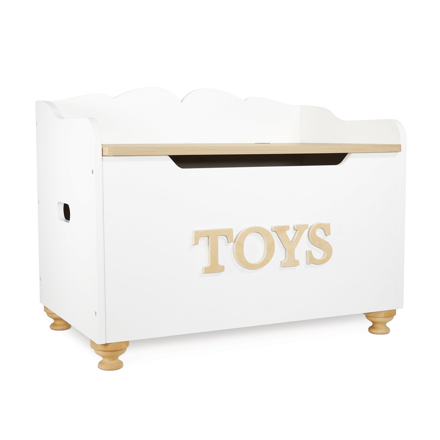 White toy box with 'TOYS' written on it against a white background