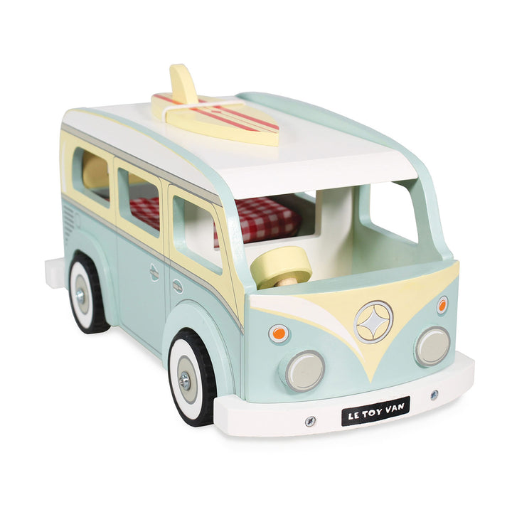 Holiday Toy Camper Van, Blue - Retro Style Camper Van with Surfboard