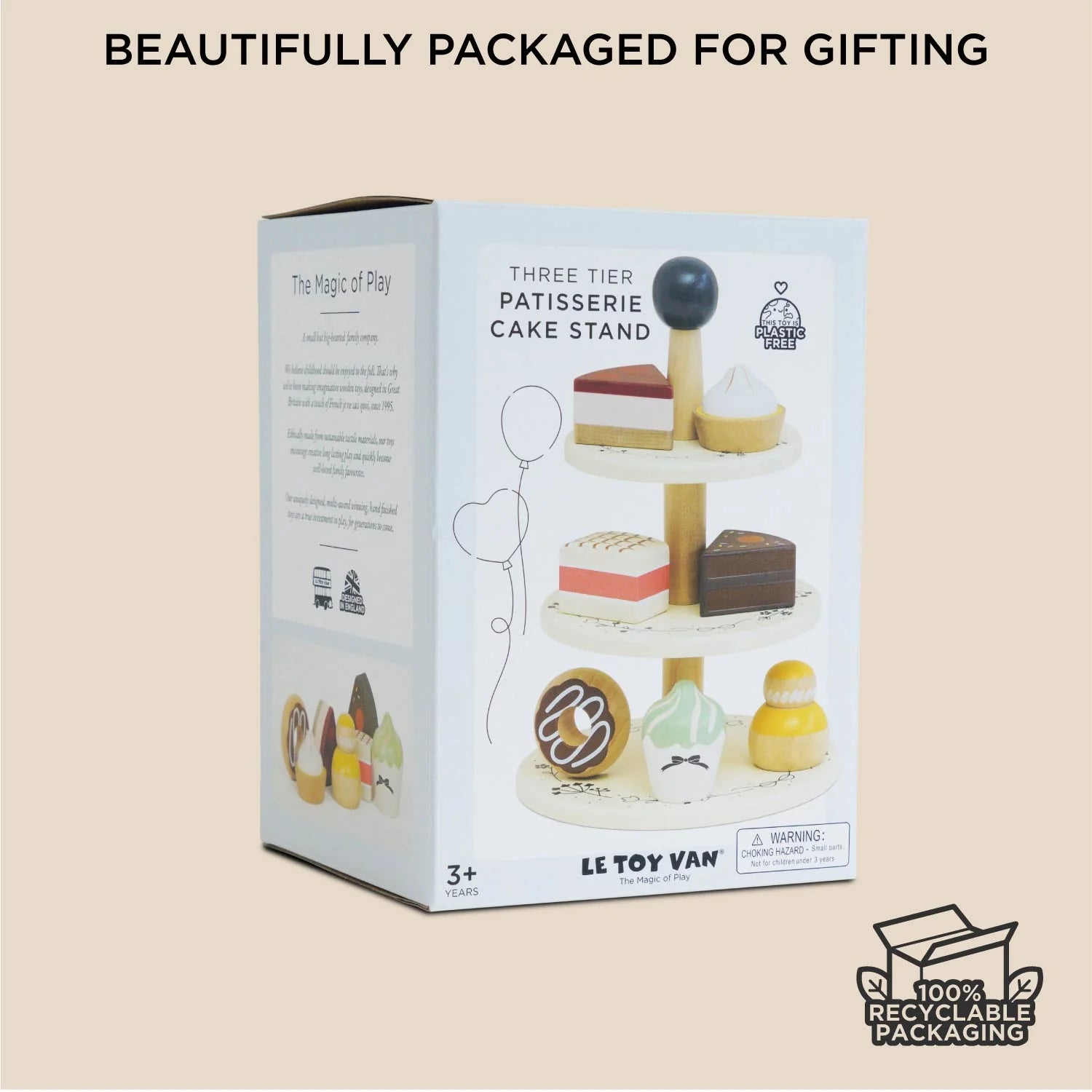 Le Toy Van three-tier patisserie cake stand packaging on a beige background