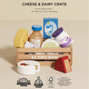 Le Toy Van Cheese & Dairy Crate full set in wooden crate.