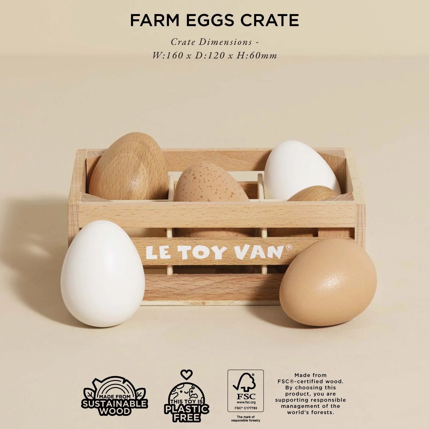 Le toy van wooden market crate with six farm eggs