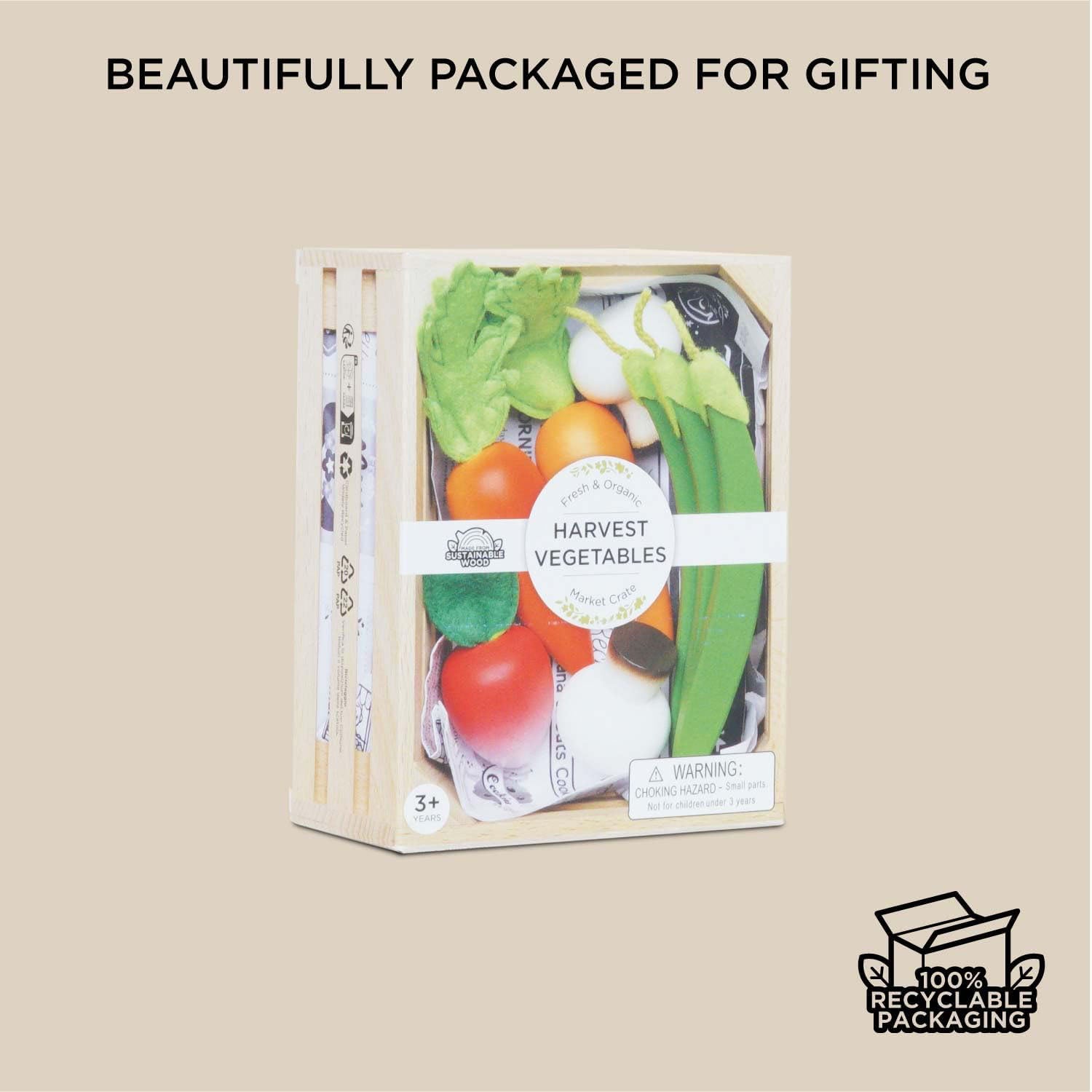 Le Toy Van wooden vegetable play food set in storage crate.